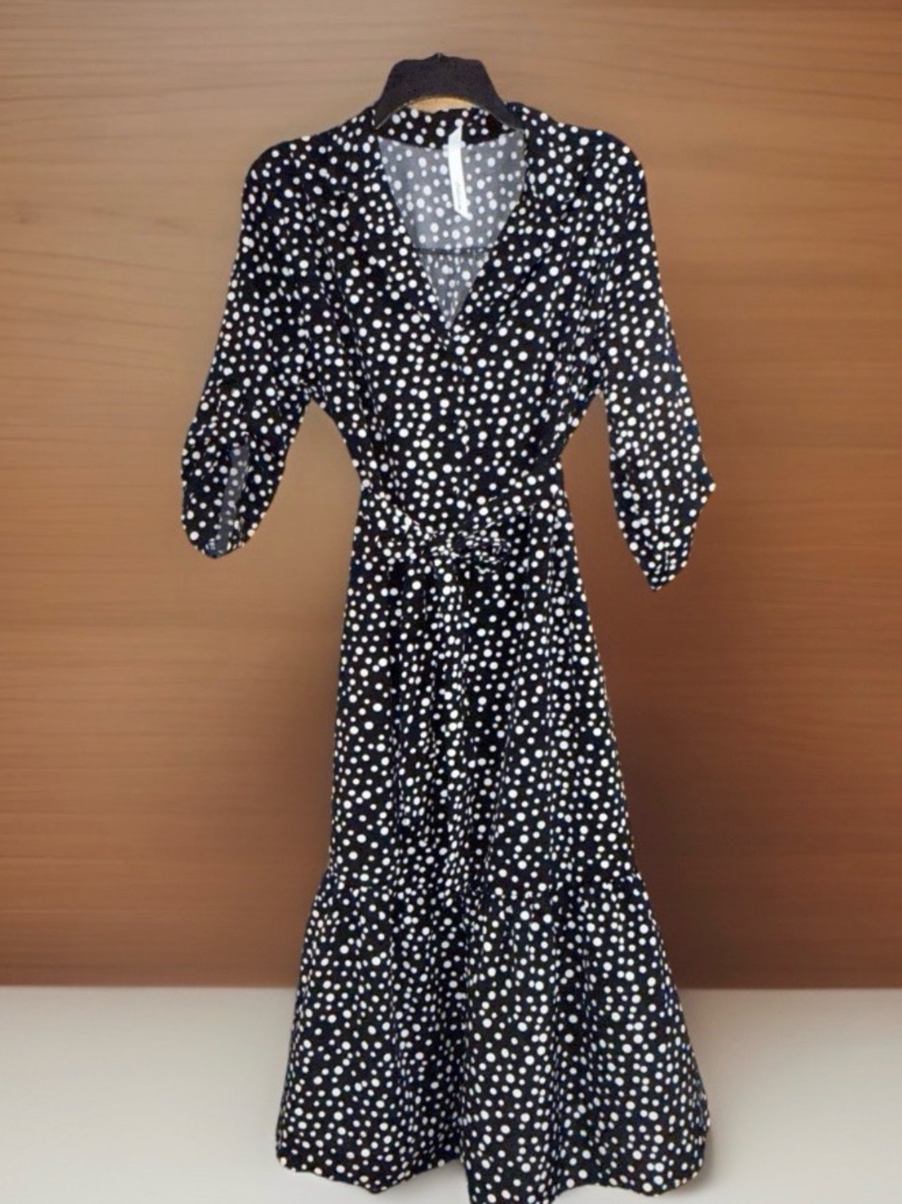 NY Collection Black and White Polka Dot Wrap Maxi Dress-L-ECe